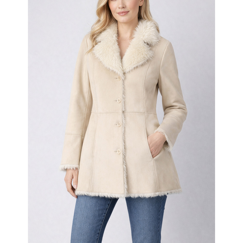 Vintage Mixit Faux Suede Penny Lane‎ Womens XL Beige Faux Fur Lined Y2K Jacket
